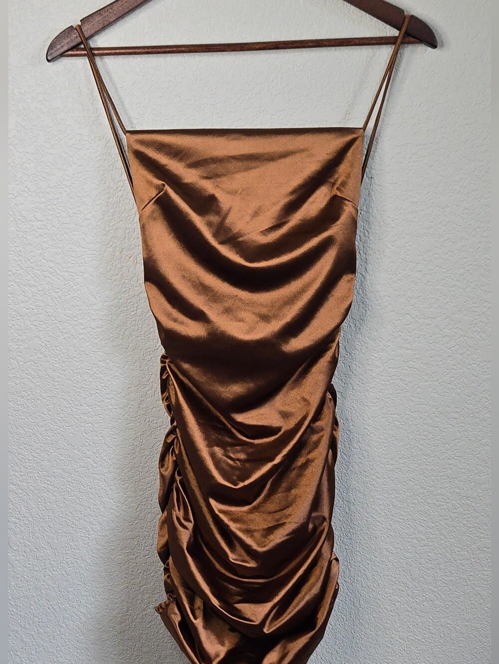 Fashion Nova Bronze Satin Ruched Slip Mini Dress